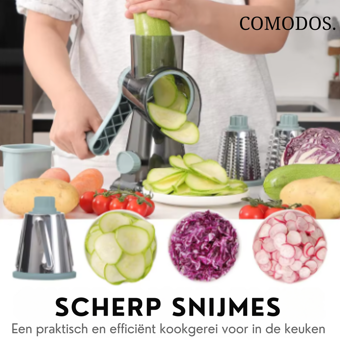 Gebruiksvriendelijke groentesnijder die veilig groenten en fruit hakt zonder direct contact met de messen.
