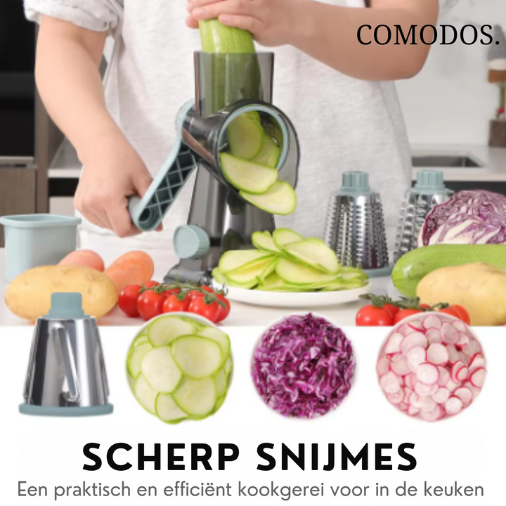 Gebruiksvriendelijke groentesnijder die veilig groenten en fruit hakt zonder direct contact met de messen.