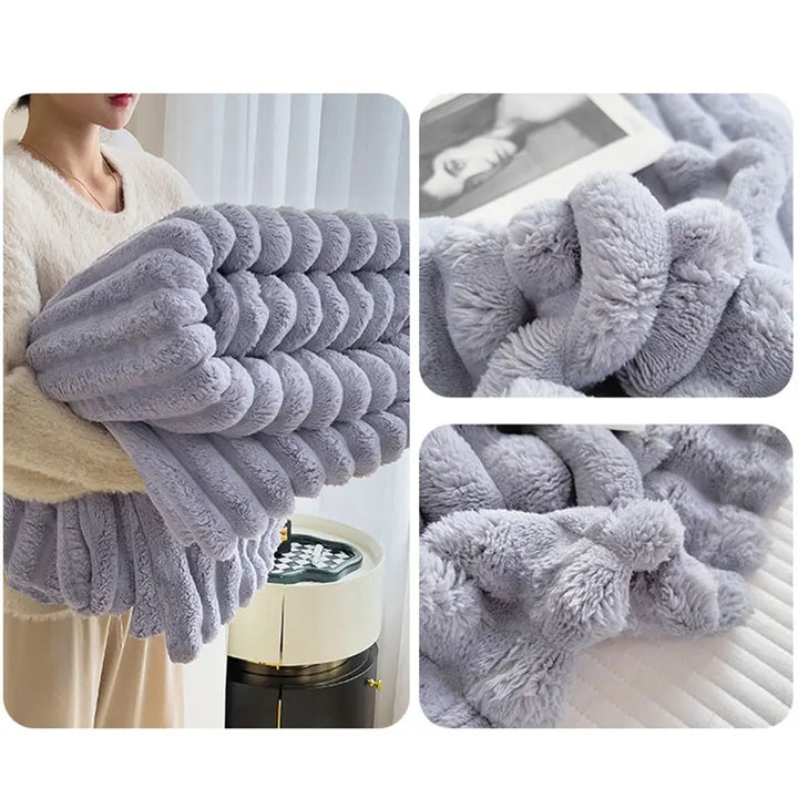 Diverse kleuren CozyWrap deken: roze, zilvergrijs, karamel. Luxe en zacht.
