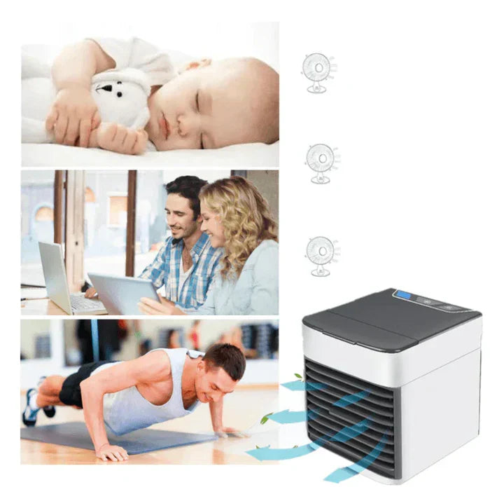 Draagbare mini-airconditioner met sfeervol 7-kleurig LED nachtlicht voor rustige verkoeling.