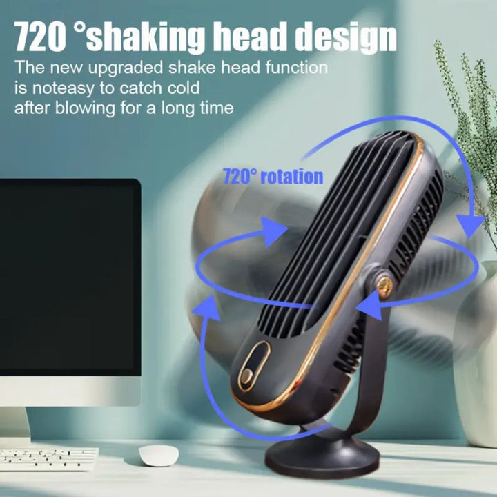 Zwarte USB bureauventilator, ultra-stil, zorgt voor een verfrissende luchtstroom zonder storend geluid. Perfect voor elk bureau.