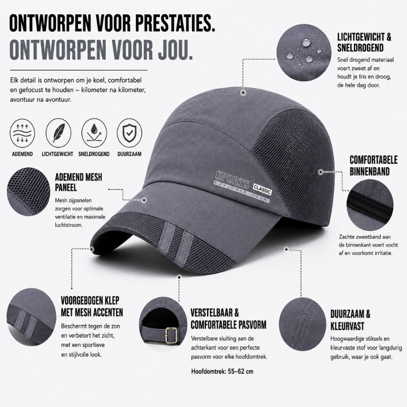 Ademende sportpet, unisex en verstelbaar, essentieel voor zomerse outdoor sportactiviteiten.