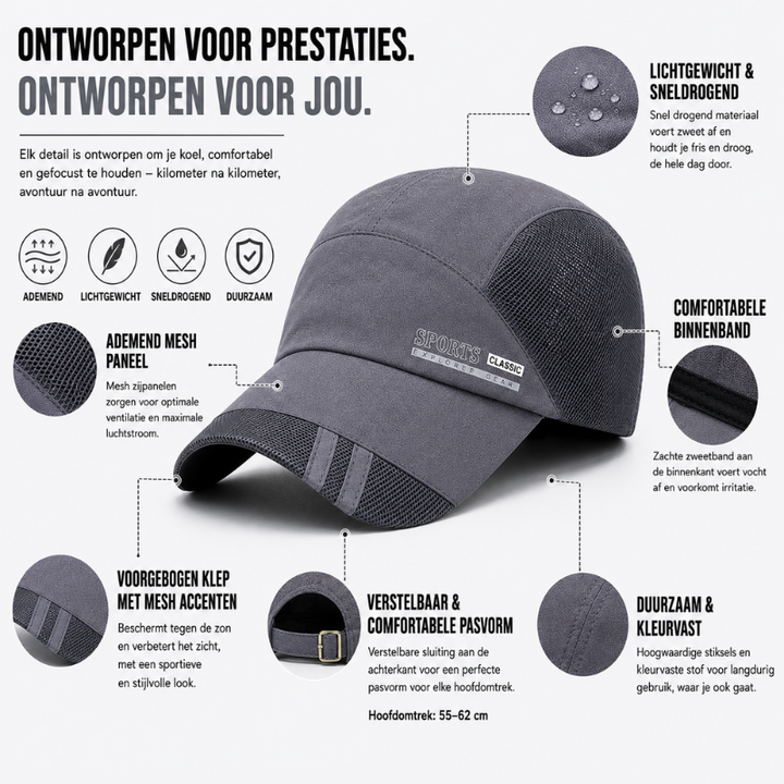 Ademende sportpet, unisex en verstelbaar, essentieel voor zomerse outdoor sportactiviteiten.