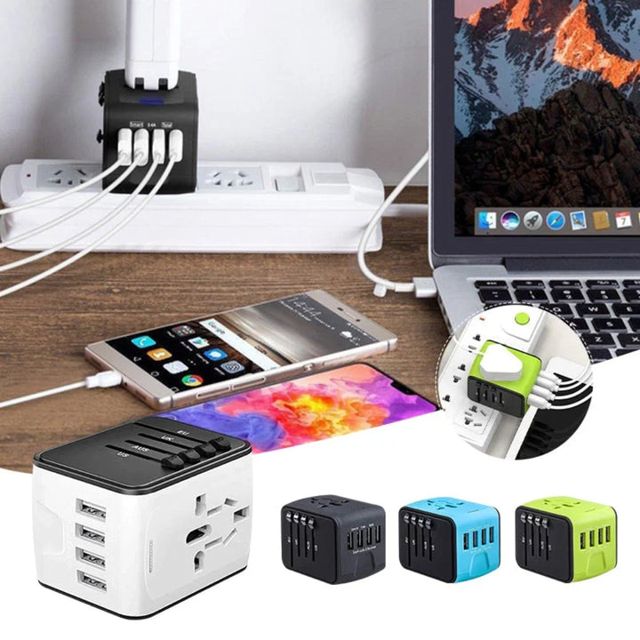 Gedetailleerde weergave van de uitschuifbare stekkers van de USB-C wereldstekker voor EU, US, UK, AU.