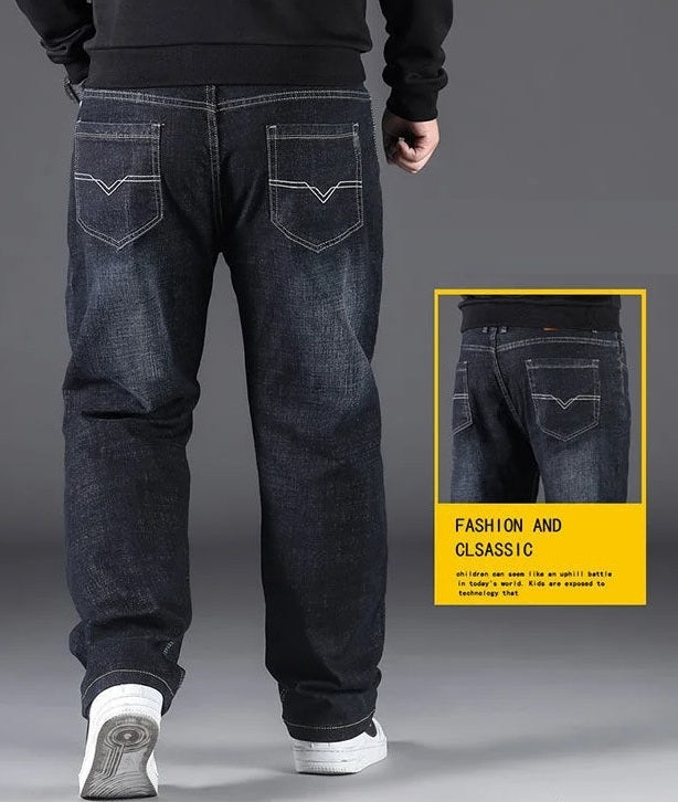 Stevige denim kingsize jeans voor heren, comfortabele loose fit en hoge taille voor een perfecte pasvorm.