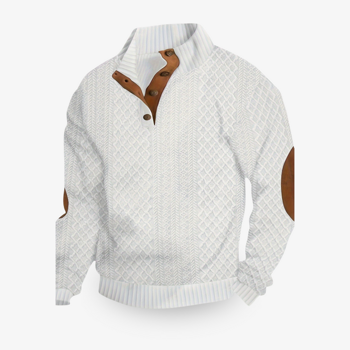 Close-up van de gebreide heren wintertrui. Warm, comfortabel en stijlvol voor herenmode.