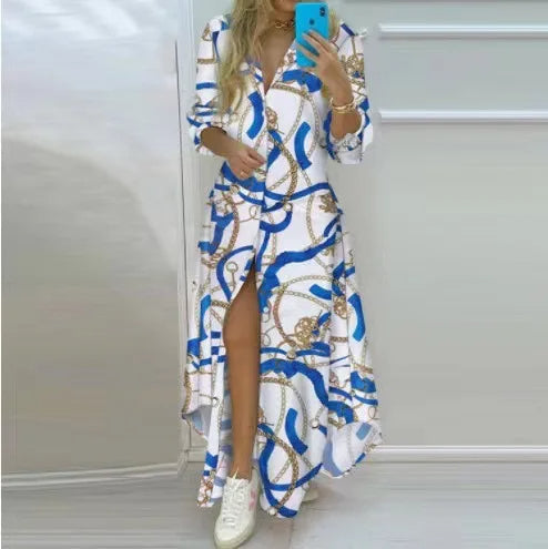 Trendy dames maxijurk Esmee met unieke print, lange mouwen en een ontspannen pasvorm, voor een modieuze look.