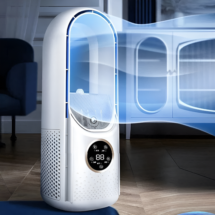 Witte stille bladloze torenventilator voor veilige, efficiënte luchtcirculatie in huis. Modern, energiezuinig.
