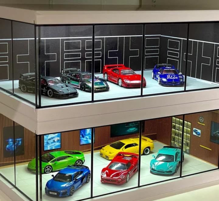 Gedetailleerde modelbouw display garage met LED lampen, ideaal cadeau voor hobbyisten en modelauto verzamelaars.