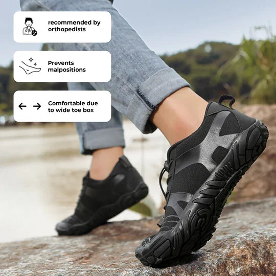 Bovenaanzicht van flexibele uniseks orthopedische barefoot sneakers; ademend, comfortabel en ideaal voor outdoor.