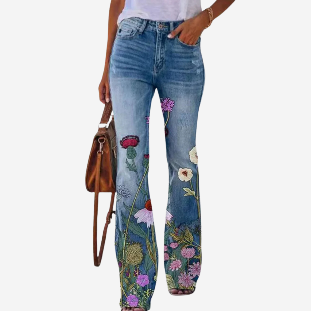 Casual chic damesbroek: flare jeans met opvallend patroon. Comfortabele wijde pijp spijkerbroek.