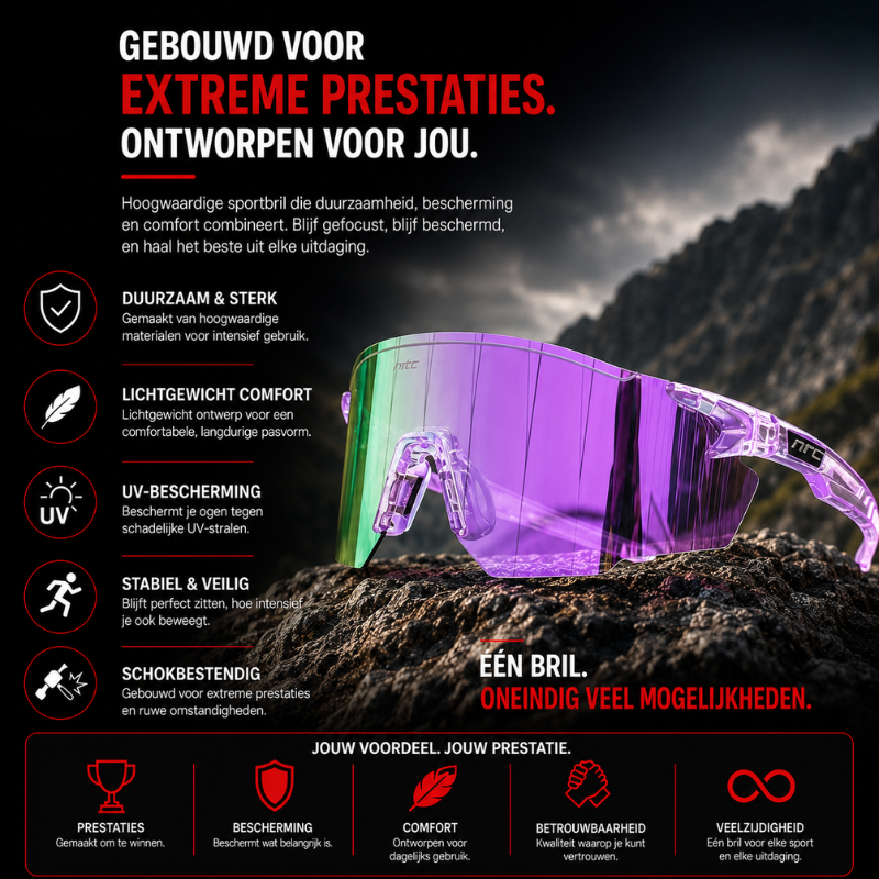 Zijzicht van de lichtgewicht heren sportzonnebril, toont ergonomisch ontwerp en duurzaamheid.