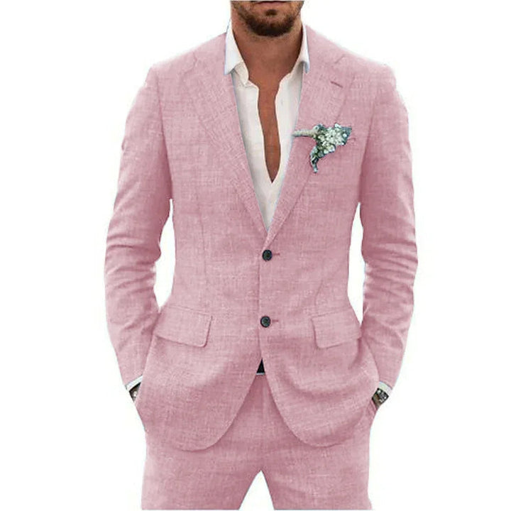 Elegant heren linnen pak, slimfit design, met een moderne uitstraling. Ideale herenkleding voor stijlvolle outfits.