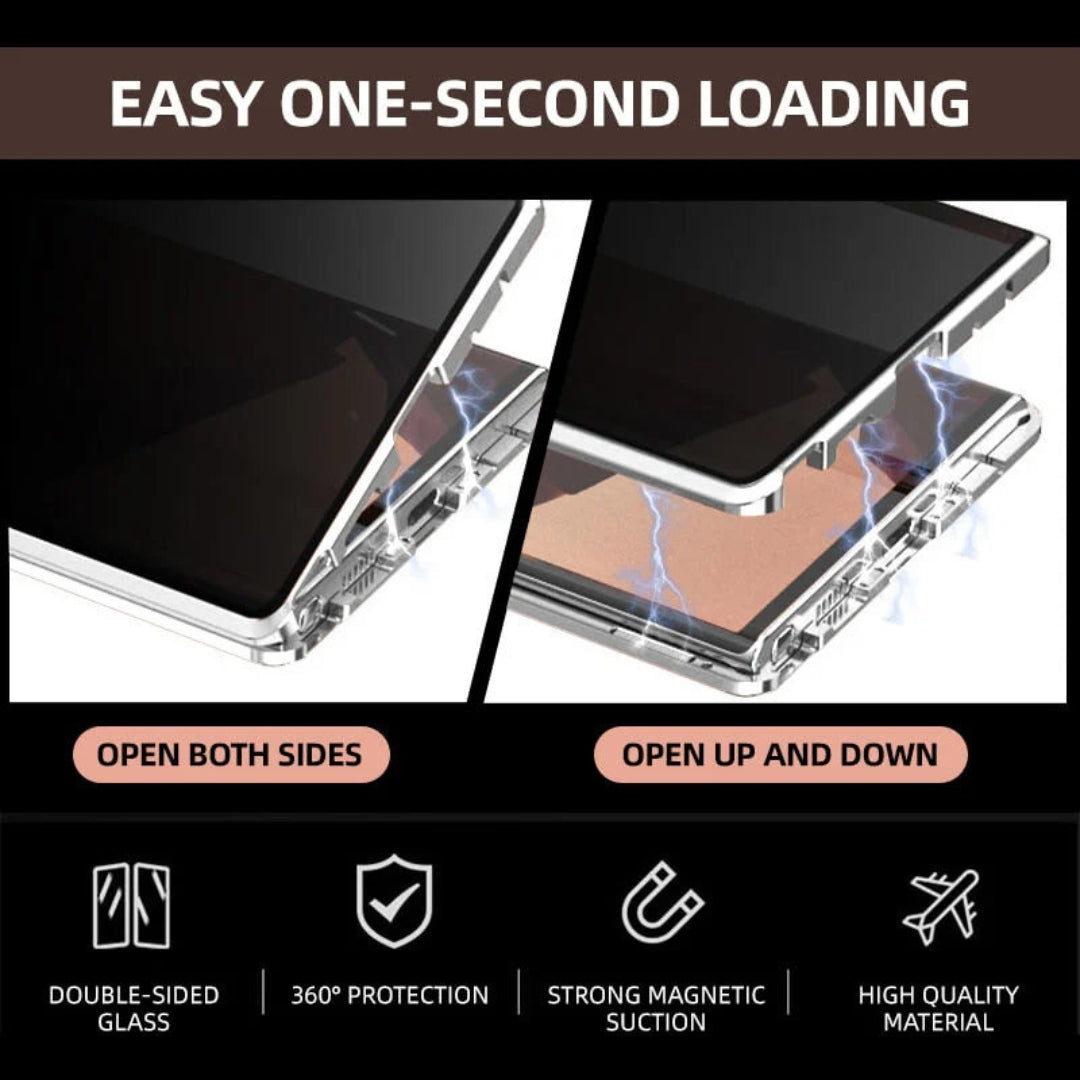Anti-spy magnetisch telefoonhoesje met gehard privacy glas, robuuste schermbescherming.