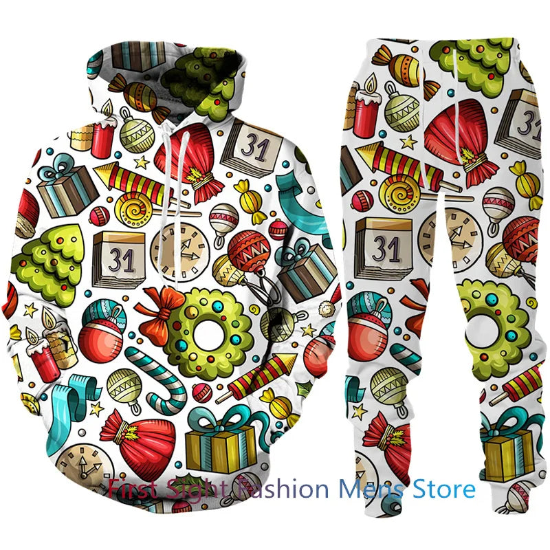 Stijlvolle heren huispak loungeset met feestelijke print. Comfortabele capuchontrui en joggingbroek voor thuis.