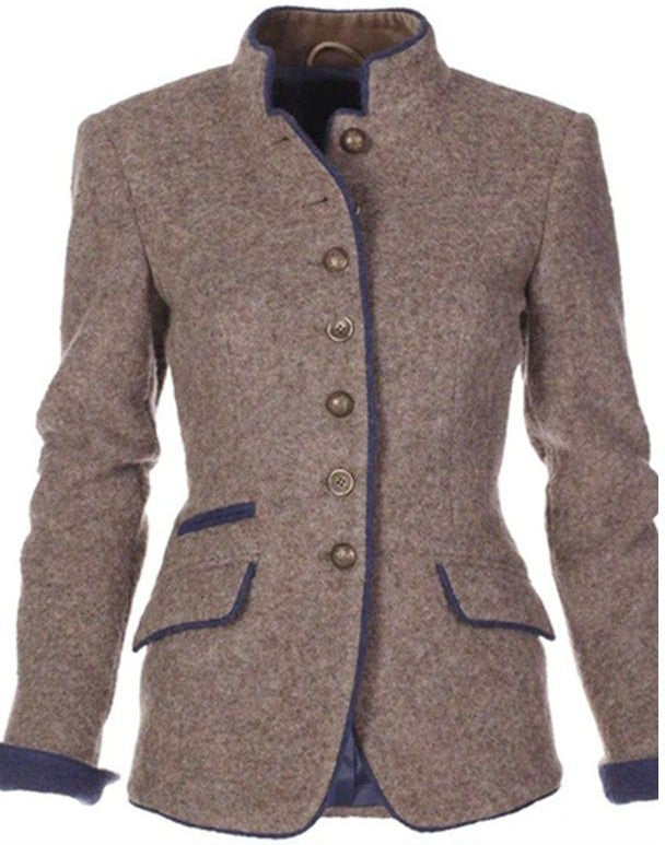 Veelzijdige modieuze lichtbruine dames blazer zonder kraag, perfect als stijlvol vest voor elke gelegenheid.