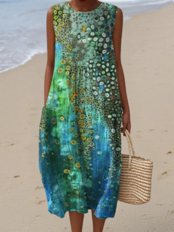 Dames zwierige mouwloze midi zomerjurk met vrolijke print, perfect voor strand of casual gelegenheden.