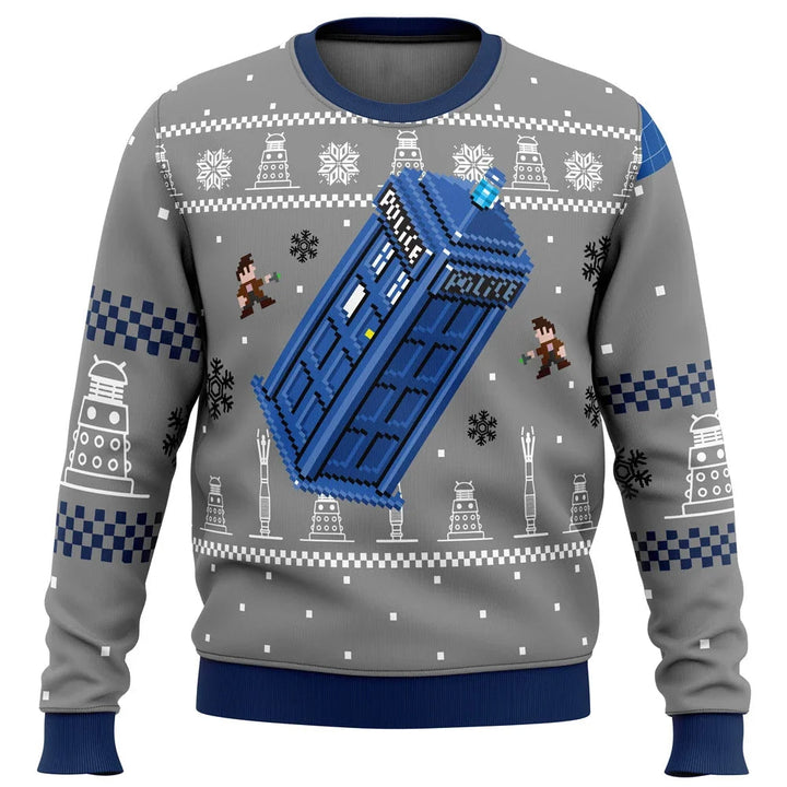 Doctor Who TARDIS kersttrui; warme, blauwe unisex trui met iconische TARDIS print. Fantastische feestkleding.