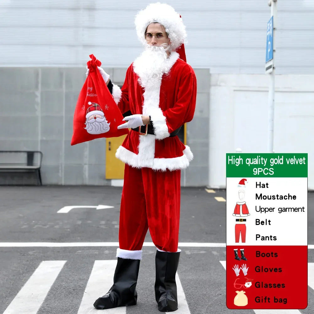 Complete heren Kerstman set: jas, broek, riem, muts, baard. Ideaal voor cosplay en december feesten.