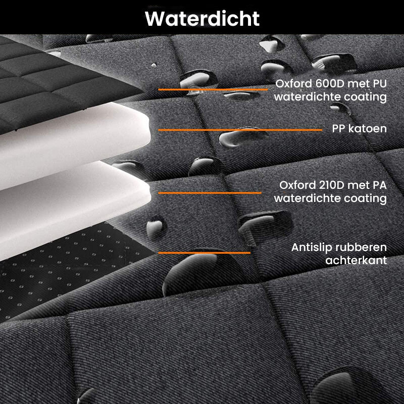 Autodeken hondenbed beschermt de achterbank tegen water, modder en krassen. Waterdichte hondenmand voor veilig transport.