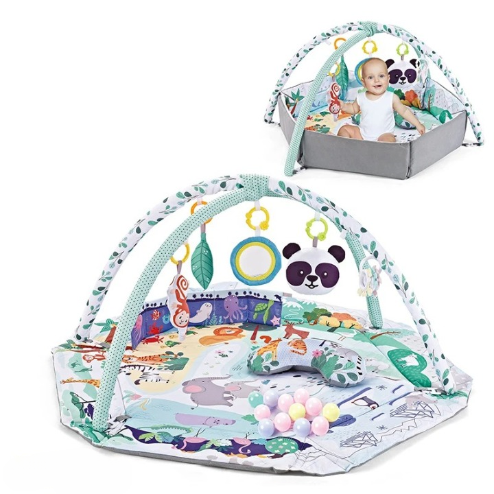 Compleet babygym speelkleed dat groeit met je kind: van speelmat tot ballenbak voor uren speelplezier en ontwikkeling.