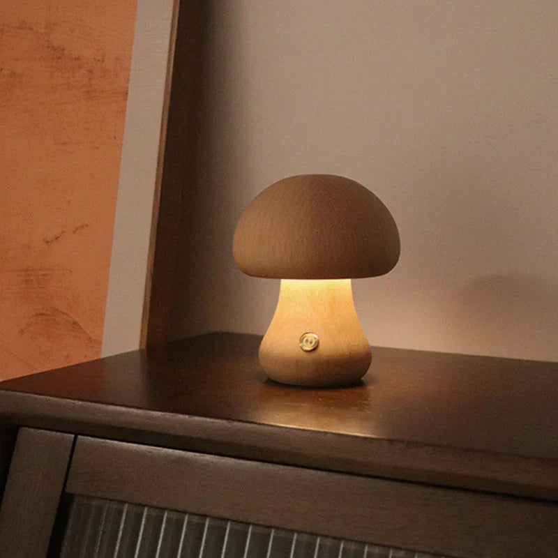 Uniek houten nachtlampje in paddenstoelvorm, LED verlichting ideaal als cadeau voor kinderkamer.