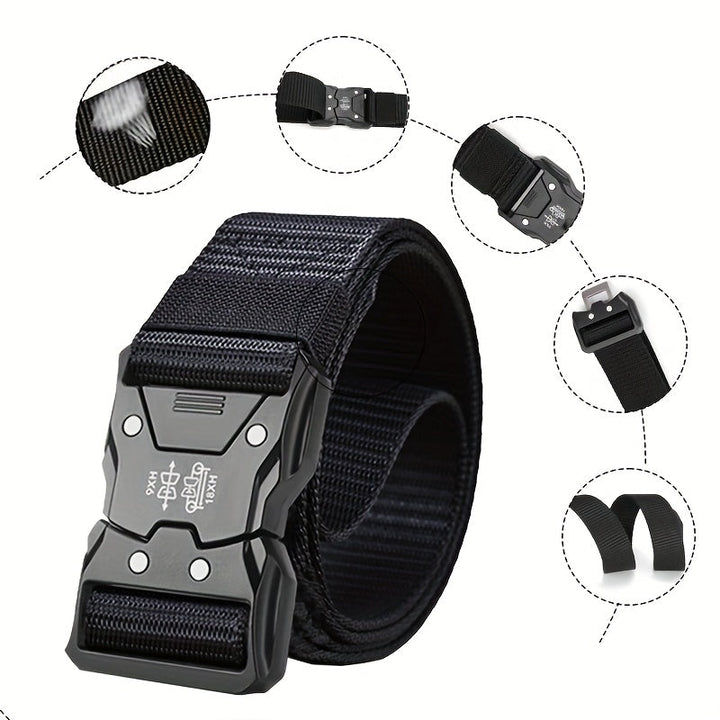 Deze duurzame nylon riem is een veelzijdig unisex accessoire met stevige metalen gesp.