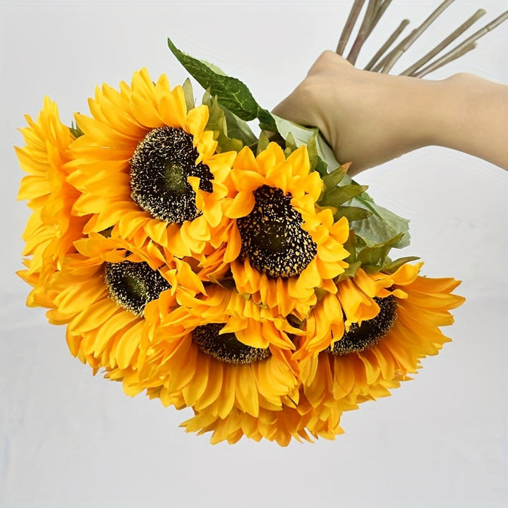 Set van 11 gele kunst zonnebloemen, levendig en ideaal voor herfst- & tuindecoratie.