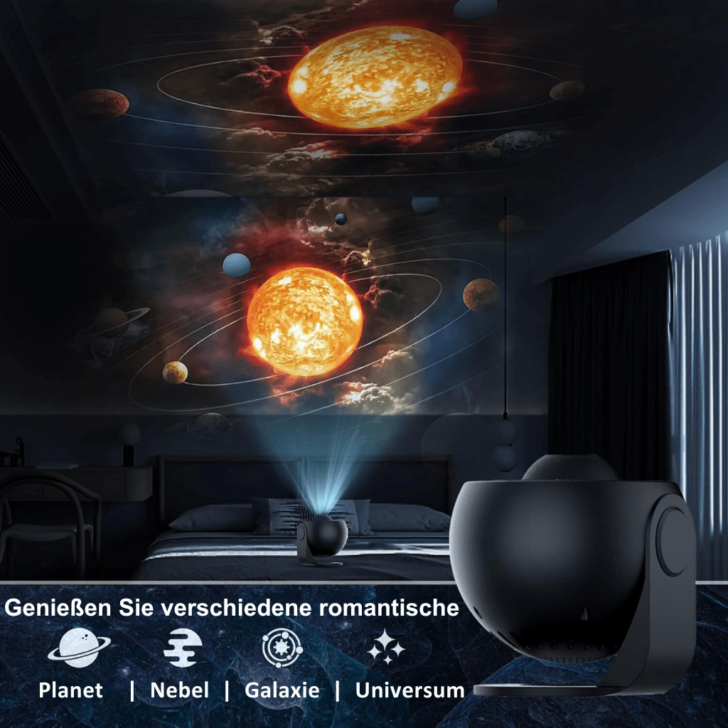 Close-up van de 13 verwisselbare galaxie-schijven voor de sterrenhemelprojector, toont diverse ruimtebeelden.