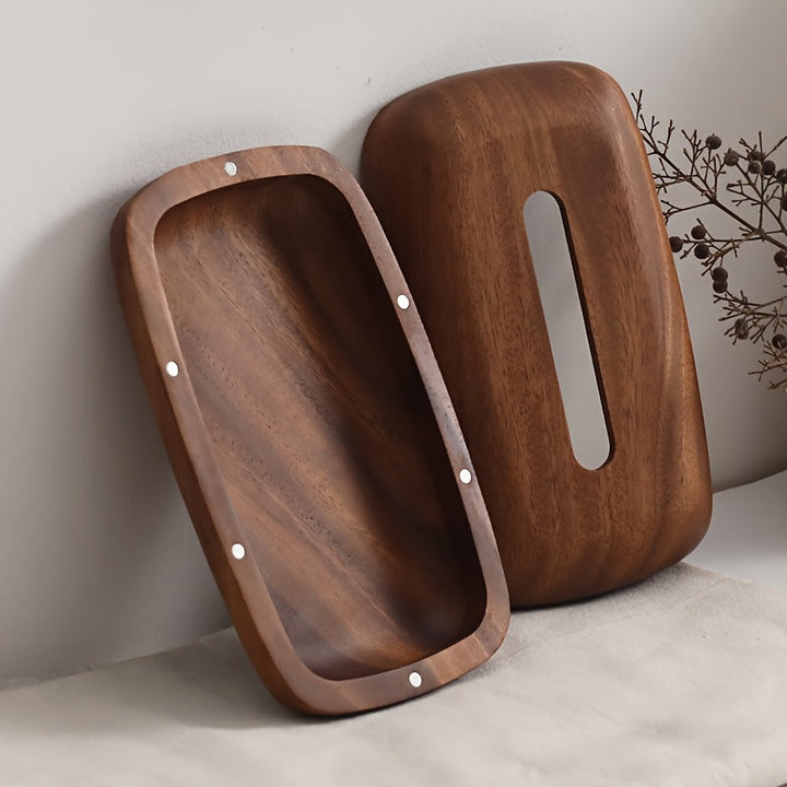 Praktische walnoten tissuebox houder, ideaal voor netjes opbergen van tissues. Functioneel interieur design.