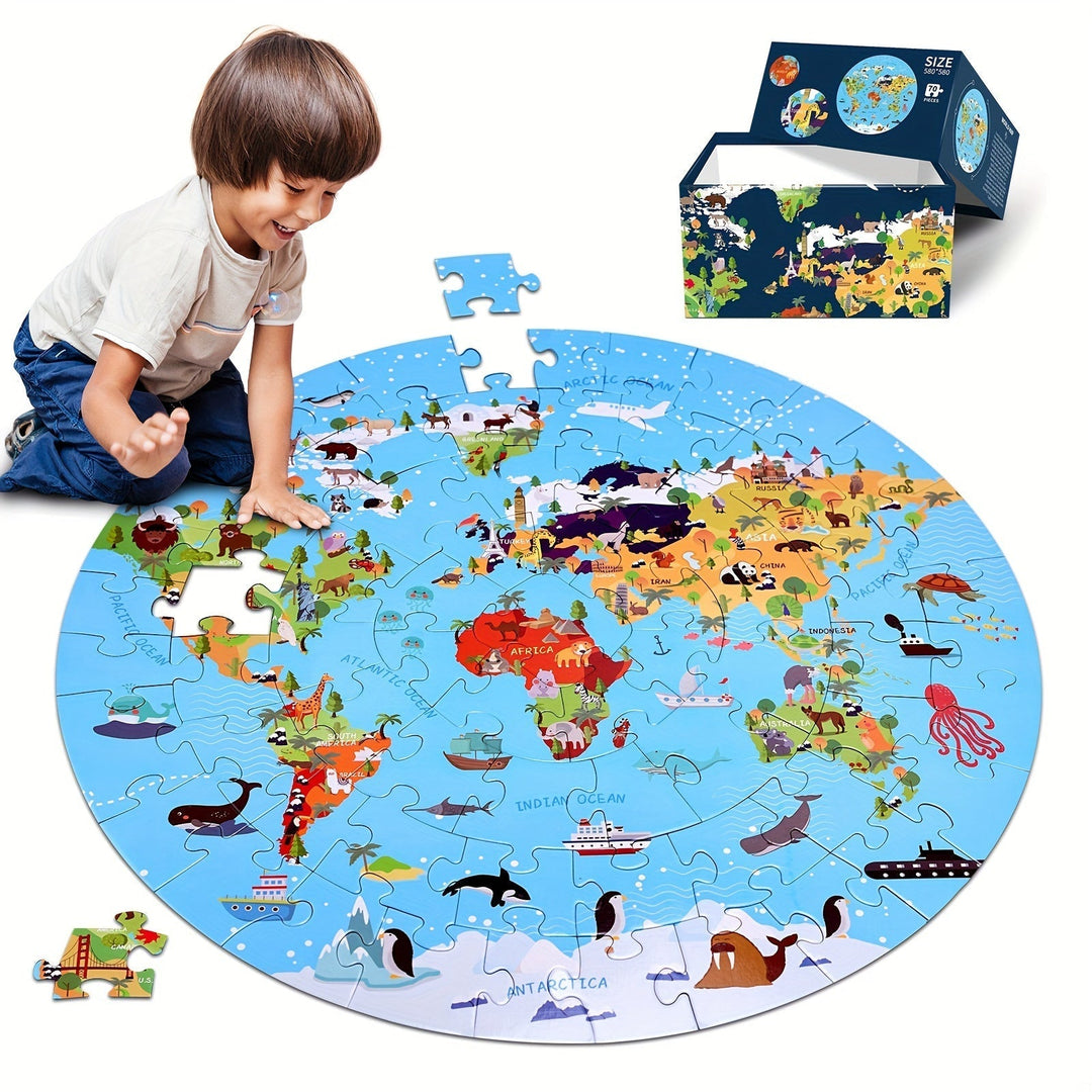 70-delige kinder vloerpuzzel met ronde wereldkaart vol dieren, educatief speelgoed voor kleuters.