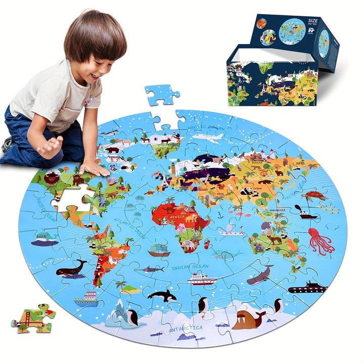 70-delige kinder vloerpuzzel met ronde wereldkaart vol dieren, educatief speelgoed voor kleuters.