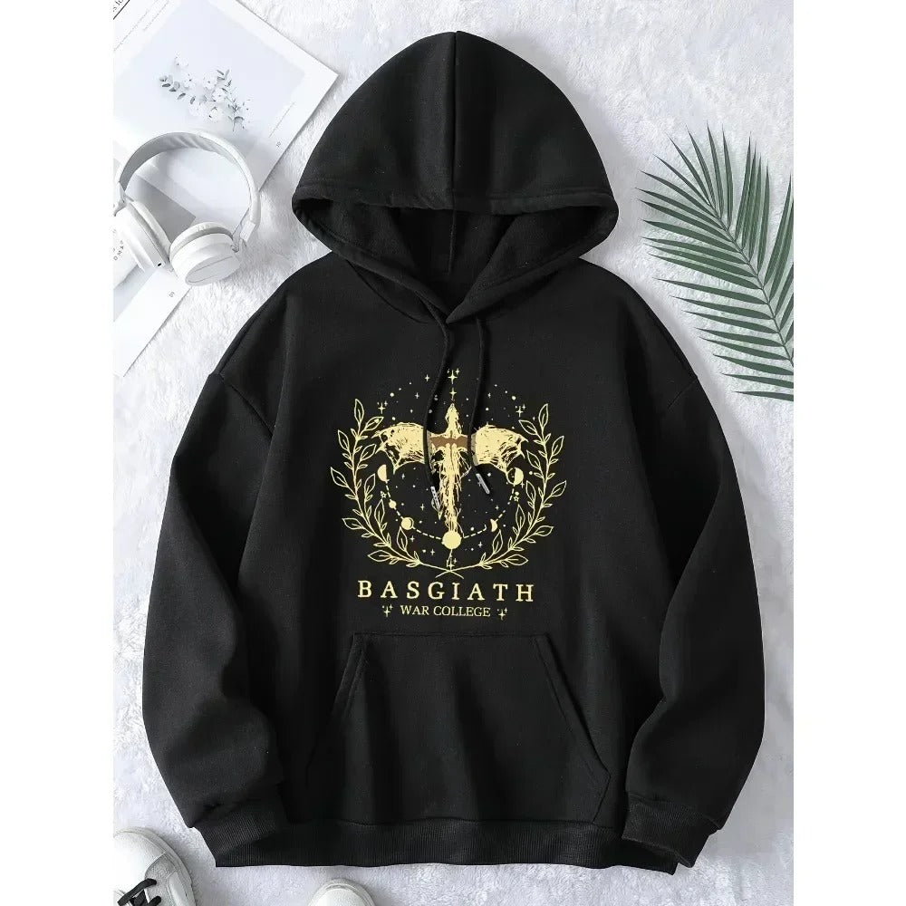 Unisex Fourth Wing Basgiath War College hoodie. Zachte comfortkleding voor drakenrijder boekfans.