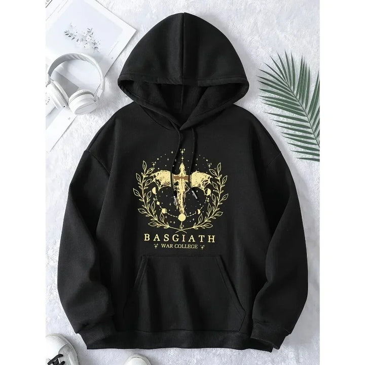 Unisex Fourth Wing Basgiath War College hoodie. Zachte comfortkleding voor drakenrijder boekfans.