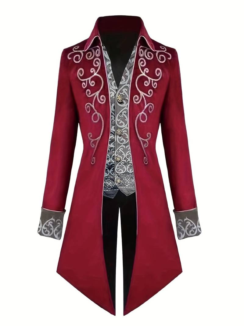 Zwarte gotische herenjas met unieke details, perfect voor formele feesten of thema-avonden.