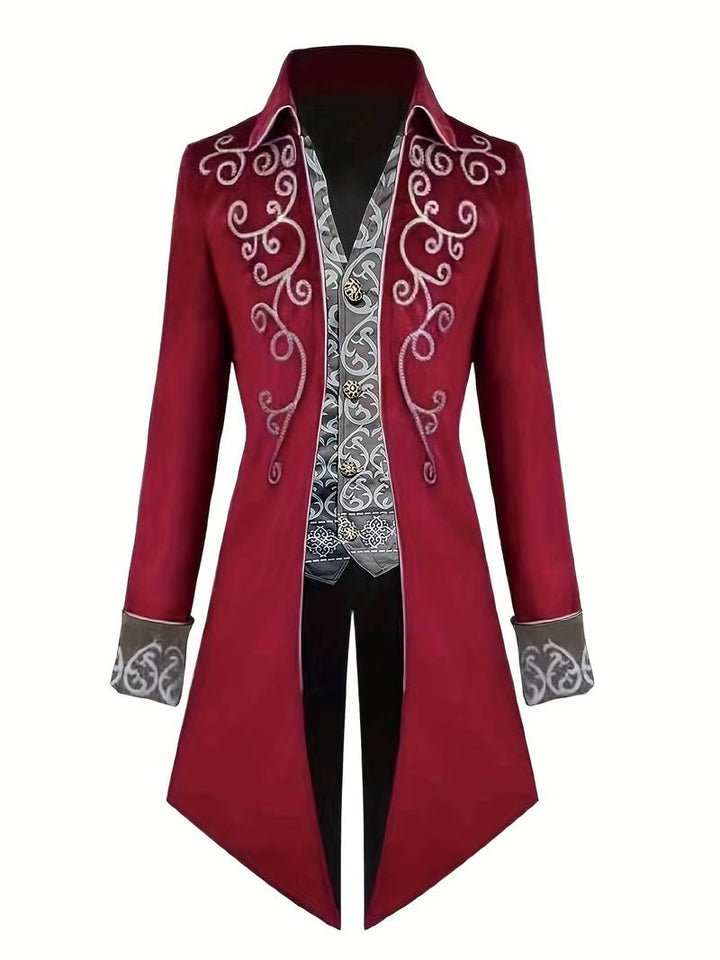 Zwarte gotische herenjas met unieke details, perfect voor formele feesten of thema-avonden.