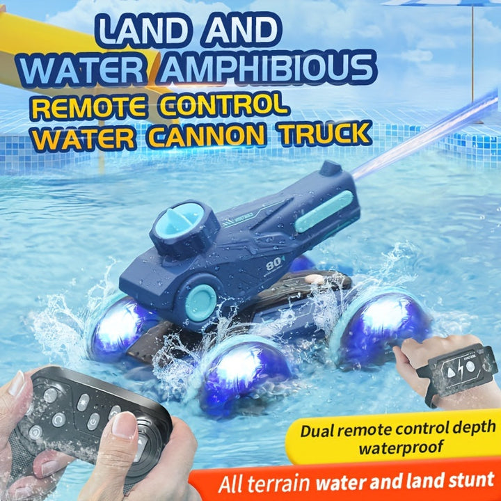 SplashRider RC truck creëert waterpret in de tuin, het ultieme amfibische buitenspeelgoed voor actieve kinderen.