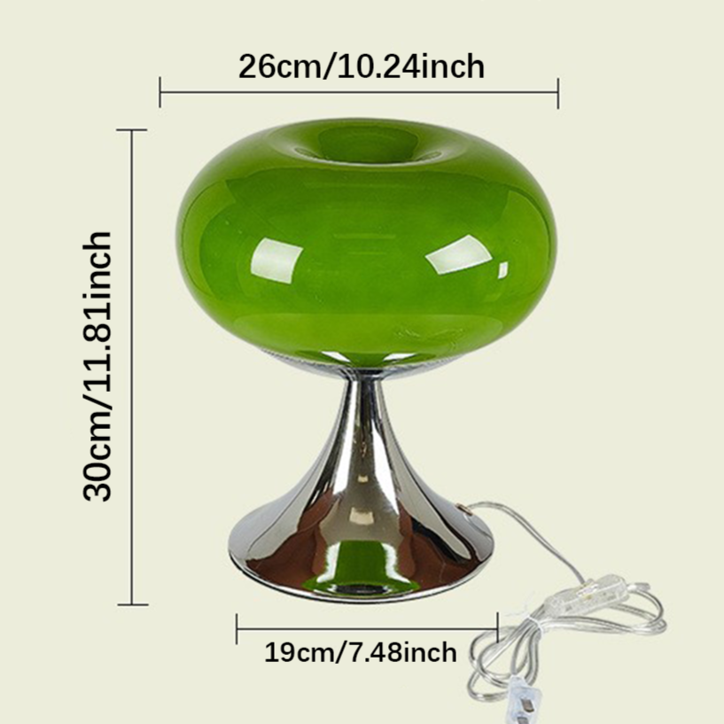 Verlichte vintage glazen appel tafellamp. Groen en wit, Bauhaus. Warme sfeer voor woonkamer/slaapkamer.