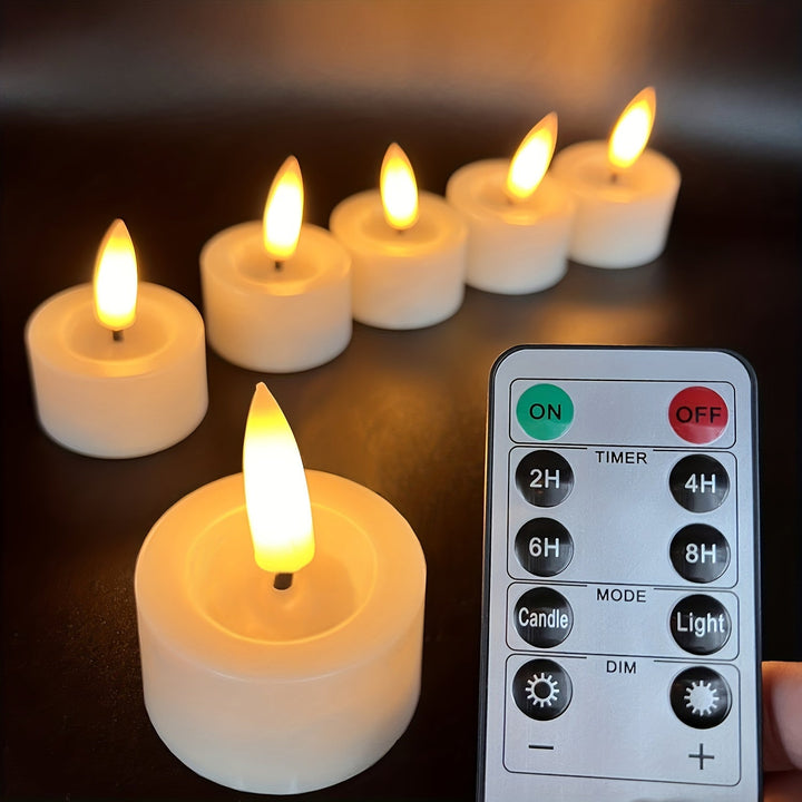 Afstandsbediening bedient vlamloze LED theelichtjes, dimbaar en met timerfunctie voor perfecte sfeer.