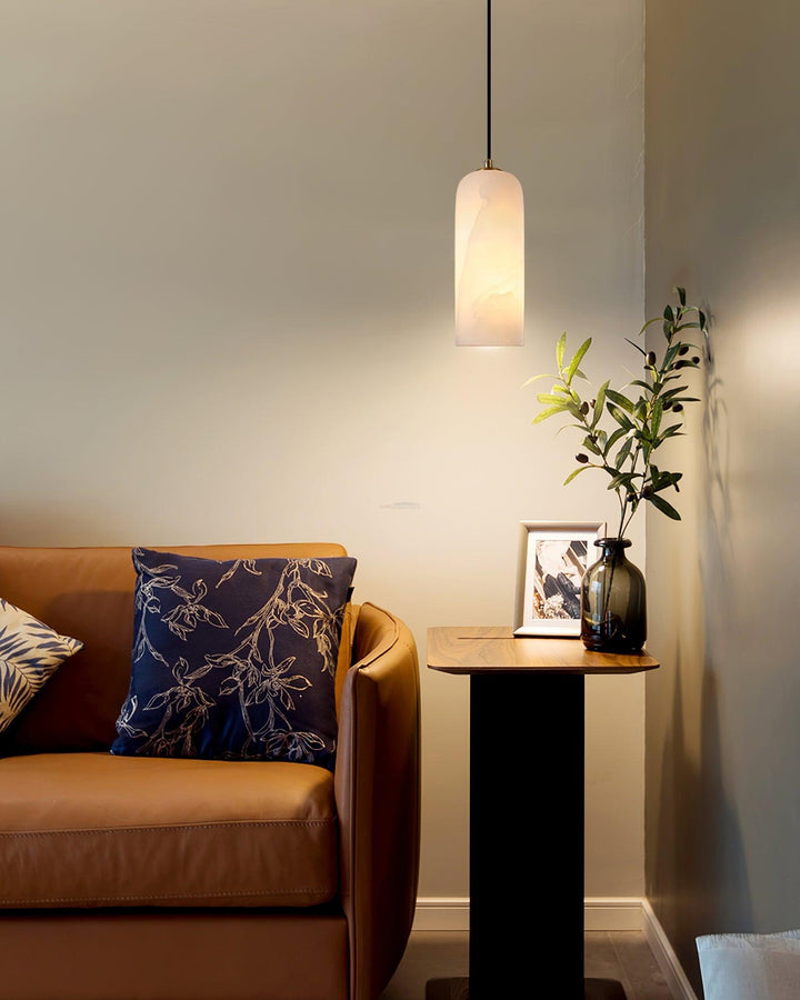 Mid-century moderne albasten hanglamp, sfeervolle blikvanger.