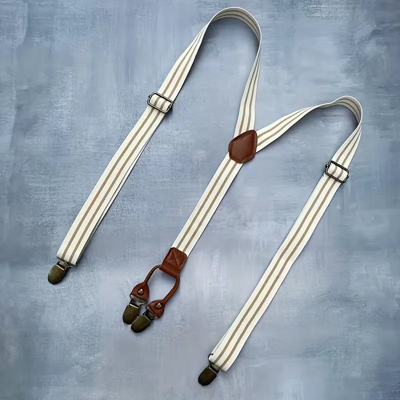 Elegante heren bretels (Y-rug) met verstelbare, elastische banden, stijlvolle leren details en stevige metalen clips.