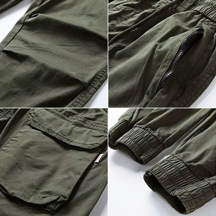 Detail van de duurzame stof. Stevige stretch cargobroek heren, comfortabel en functioneel voor lange dagen.