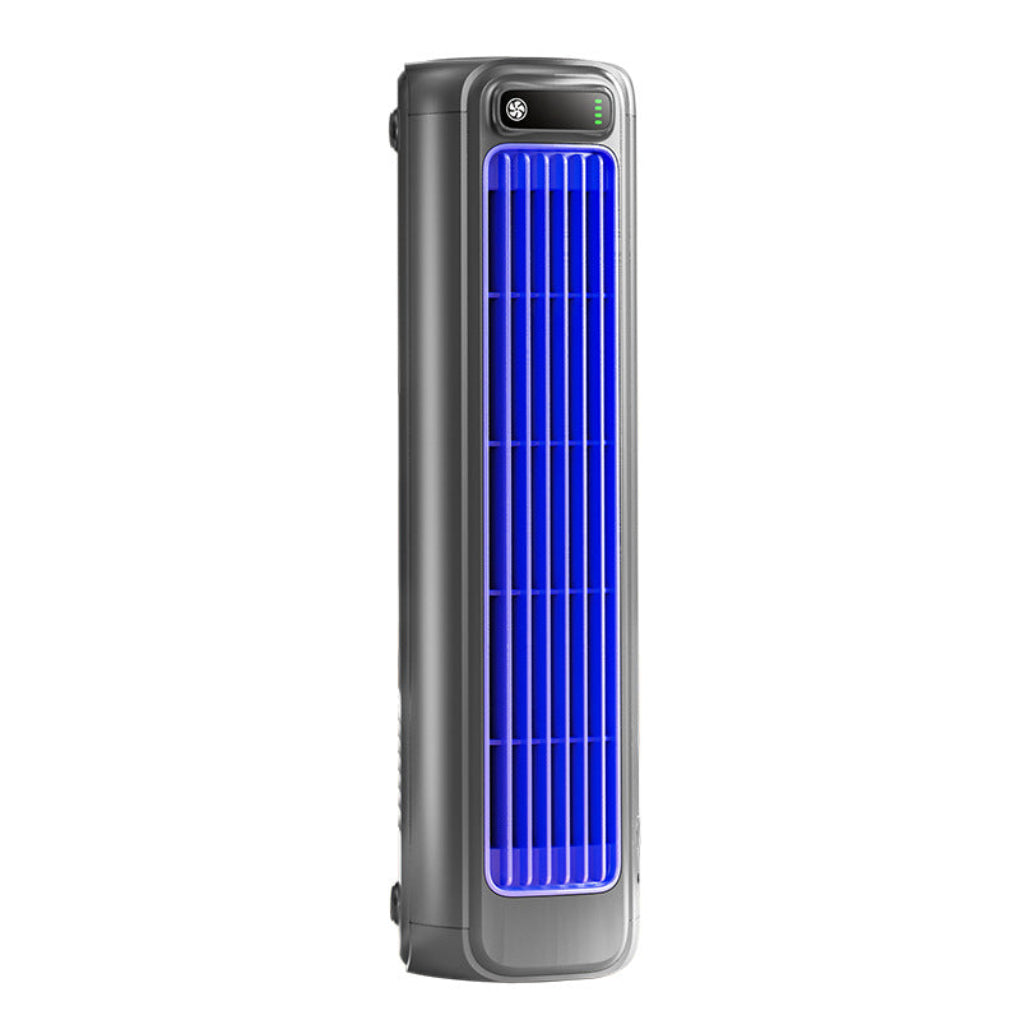 Compacte grijze USB-ventilator met 2000 mAh accu, stil en draagbaar voor persoonlijke koeling overal.