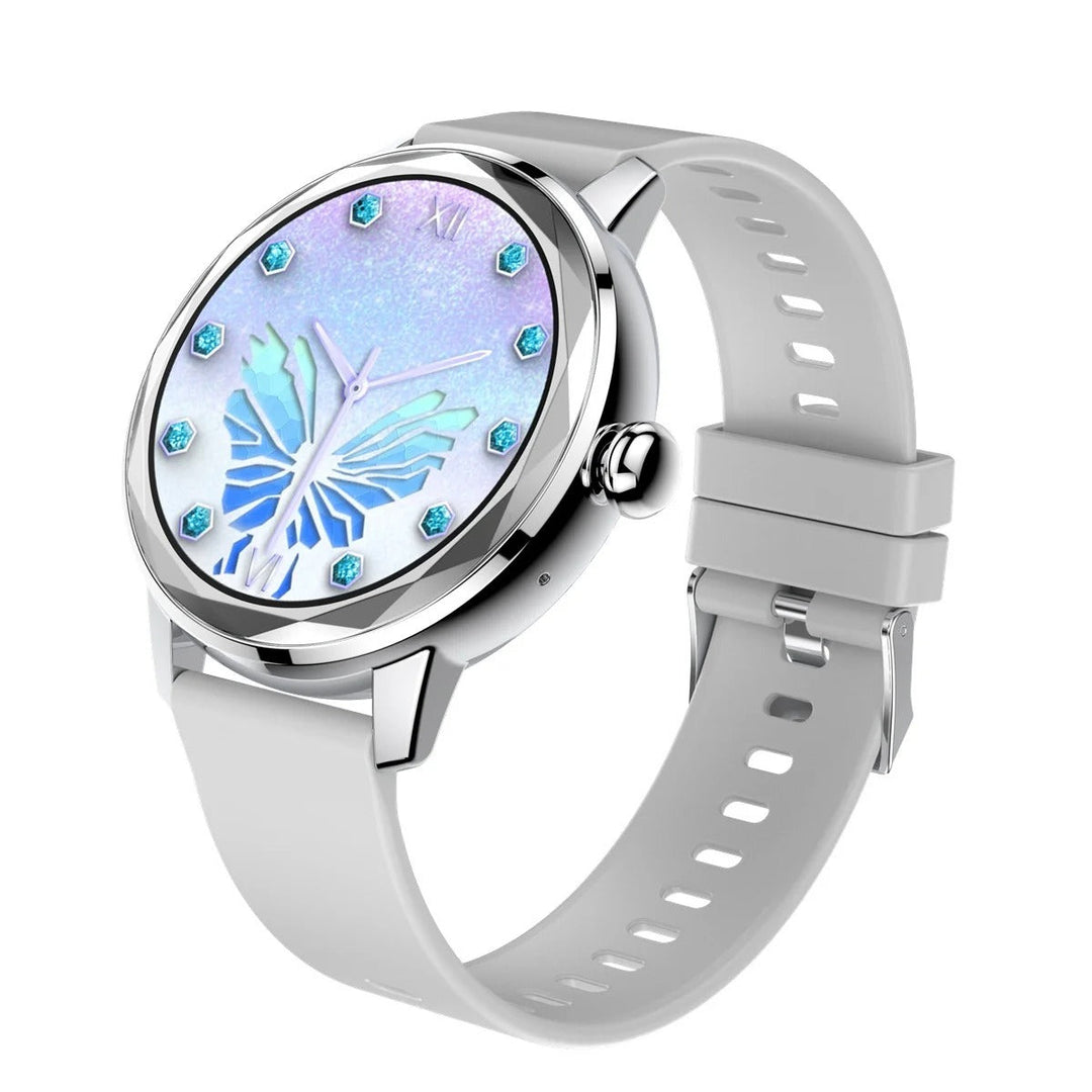 Display van luxe Smart Gold dames smartwatch toont diverse stijlvolle wijzerplaten, goudkleurig accent.