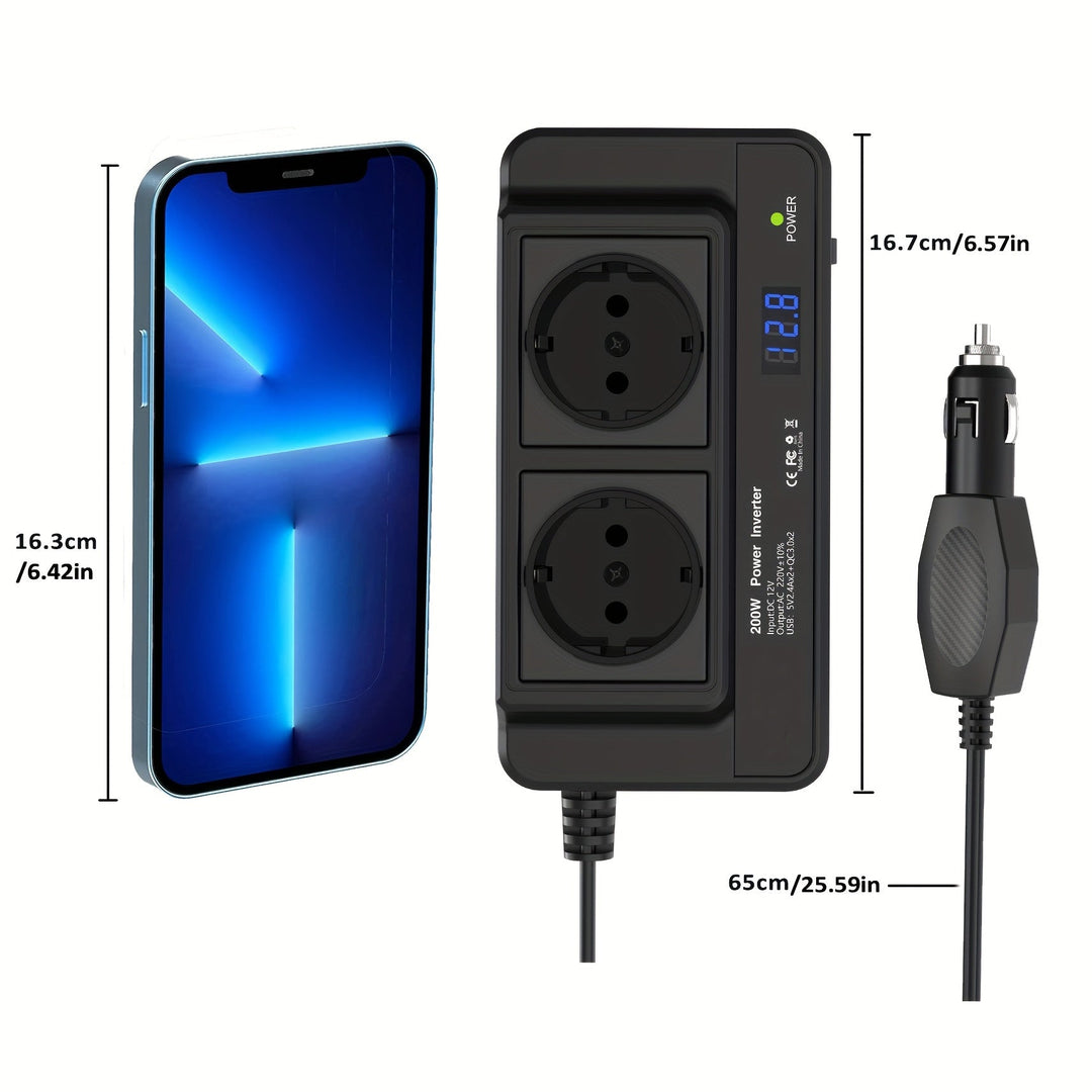 Universele 200W auto omvormer; dubbele stopcontacten en quad USB om apparaten onderweg te voeden.