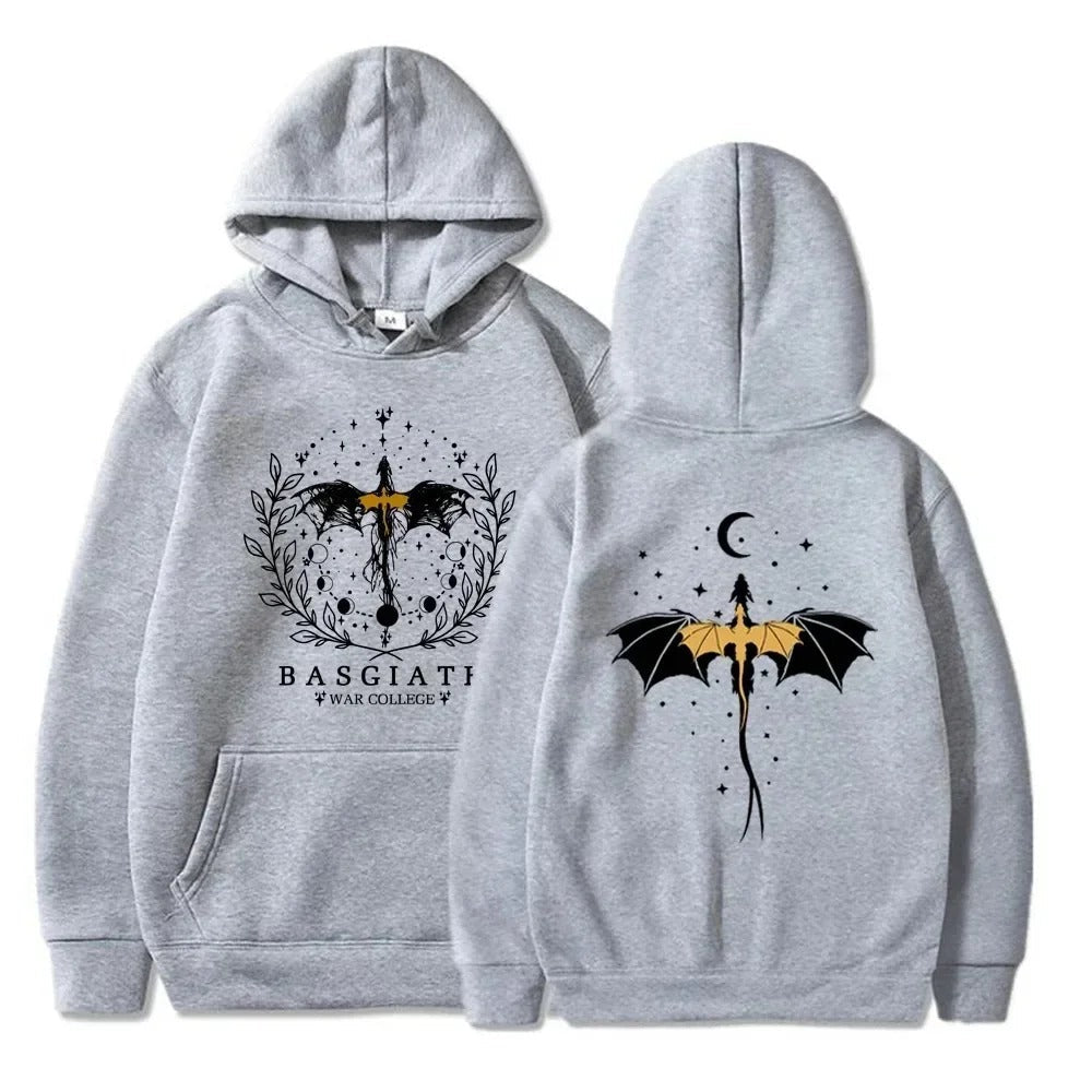 Iconische Fourth Wing Basgiath War College hoodie, comfortabele unisex kleding voor echte fantasy boekenliefhebbers.