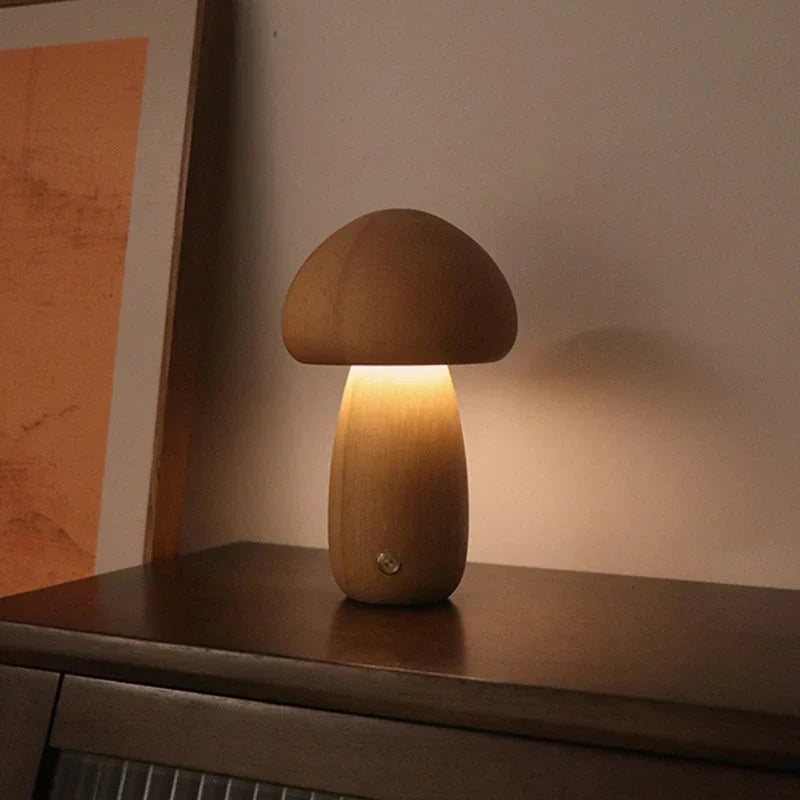 Beuken houten paddenstoel kinderlampje, duurzame decoratie met zacht LED licht voor slaapkamer.
