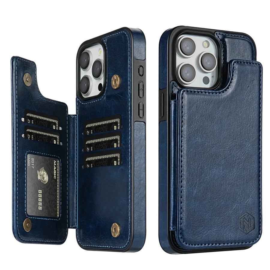 Chique leren hoes voor je iPhone, inclusief kaartvakken en een veilige magnetische sluiting.