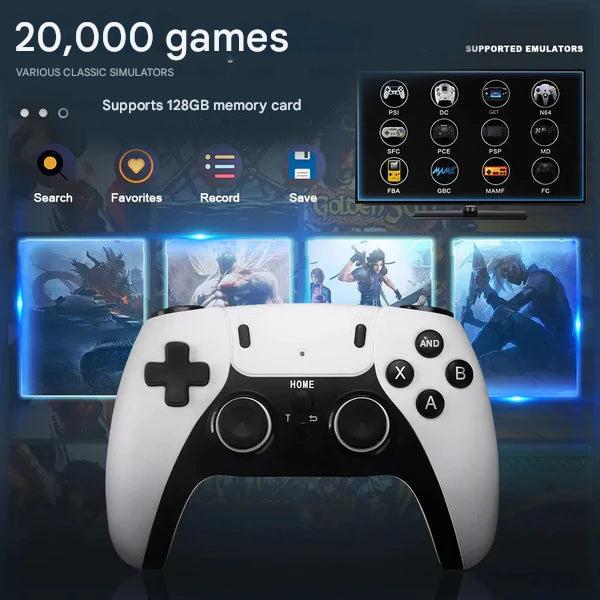 Compacte retro gameconsole met HDMI, inclusief 20.000 klassieke games en draadloze controllers voor jong en oud.
