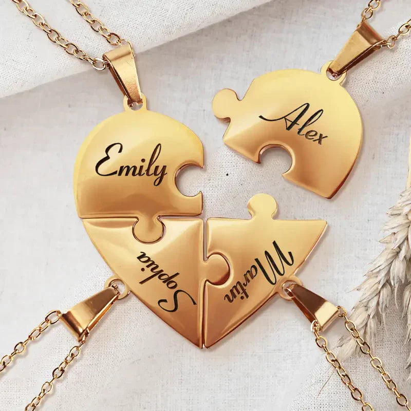 Gepersonaliseerde familie puzzelketting van edelstaal, uniek sieraad voor verbinding.